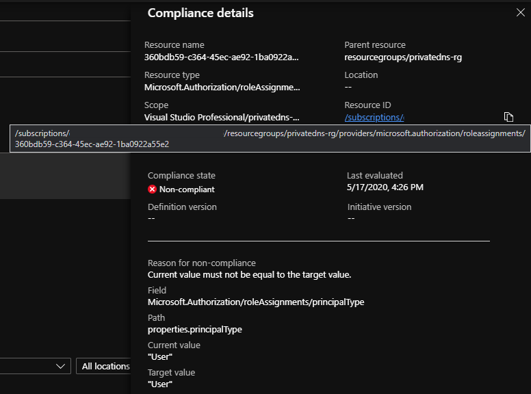 azure policy custom definition compliance details