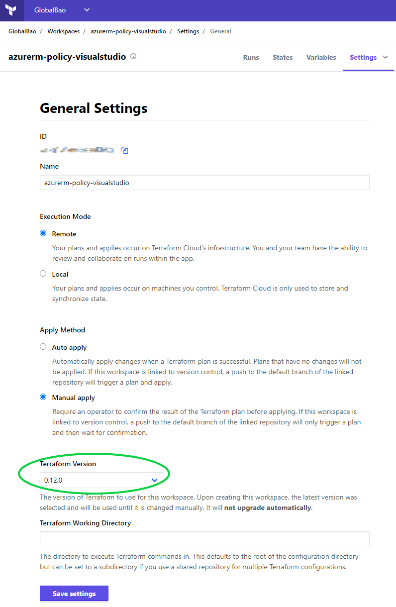 terraform cloud workspace settings